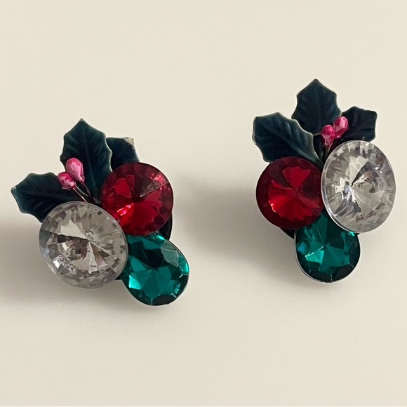 Vintage Christmas Holly Leaf Rhinestone Holiday Earrings - Picture 10 of 11